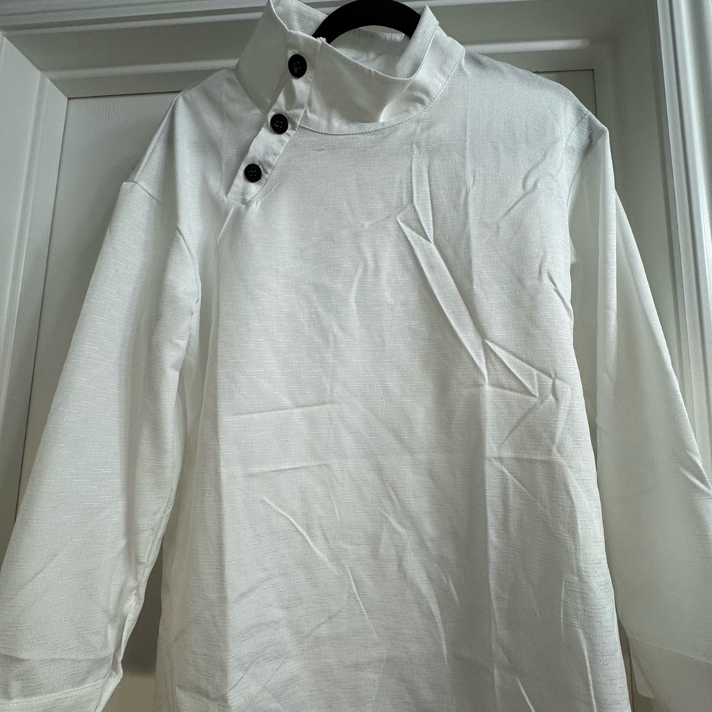 White Button-Neck Long Sleeve Top